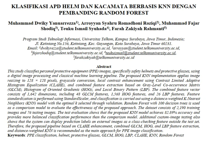 KLASIFIKASI APD HELM DAN KACAMATA BERBASIS KNN DENGAN PEMBANDING RANDOM FOREST